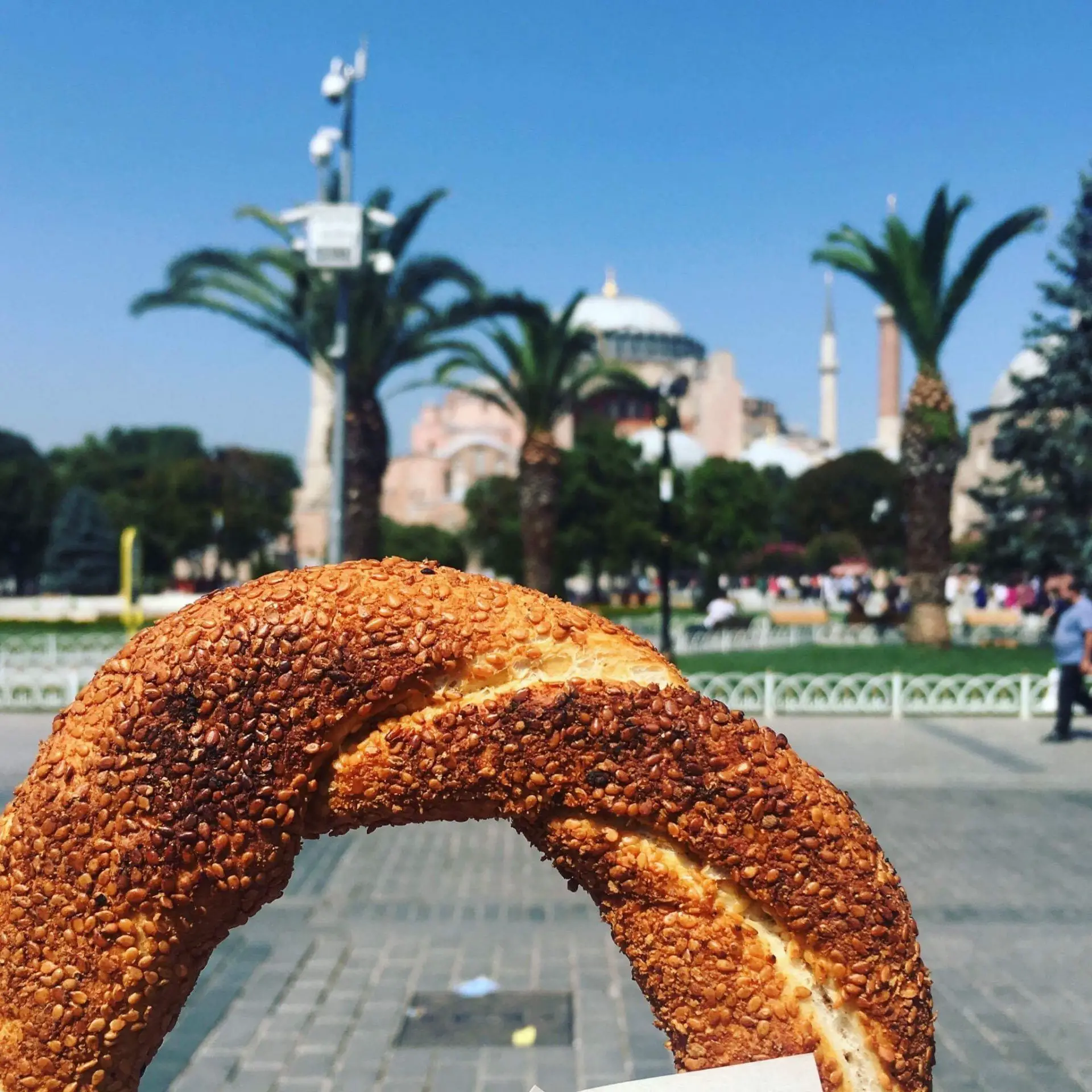 Simit street food in Istanbul in front of the Hagia Sophia