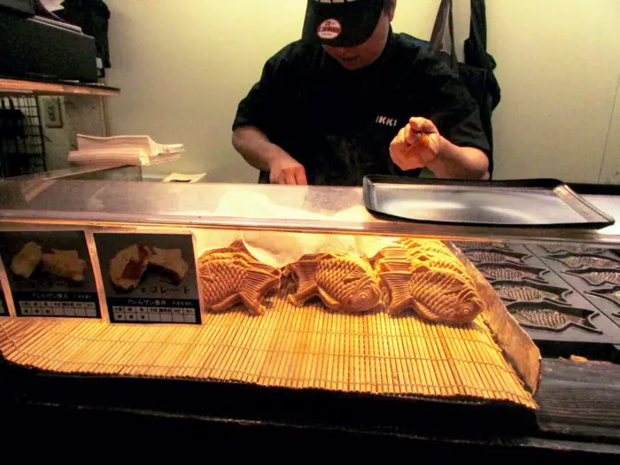 Taiyaki fish shaped bean custard pastries for sale in Osaka