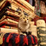 Kitten sitting on Turkish Traditional Carpets in Goreme, Nevsehir, Turkey
